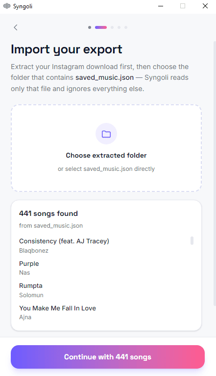 Syngoli import screen prompting for the extracted Instagram folder, with 441 saved songs detected from saved_music.json.