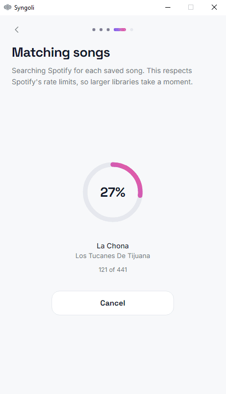 Syngoli matching screen showing search progress at 27 percent while matching saved songs against Spotify.