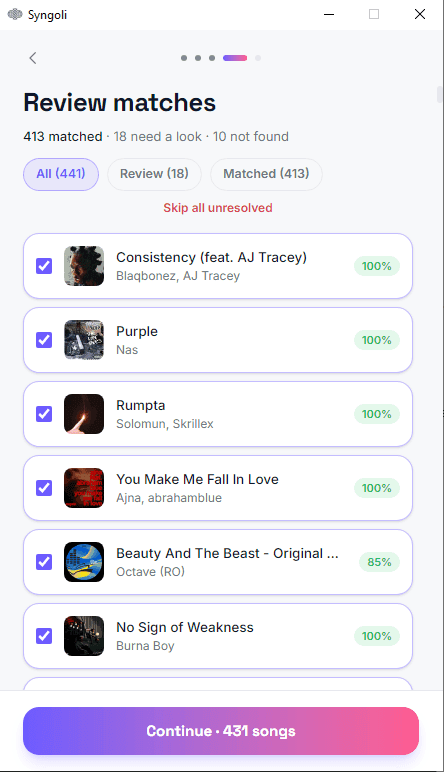 The Syngoli desktop app on the review step, listing matched saved songs with confidence scores and a Continue button.
