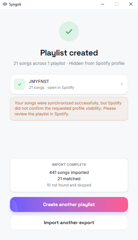 Syngoli confirmation screen showing a created Spotify playlist and an import summary.